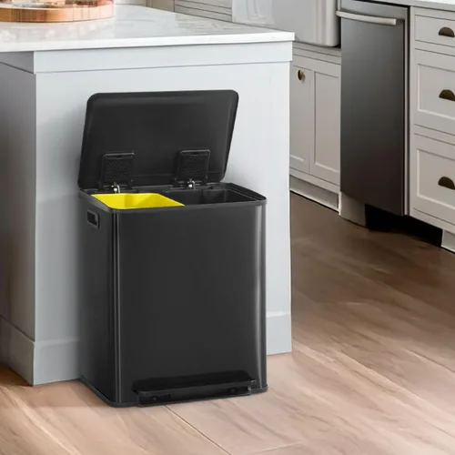 Miniatura 13 de CAPHAUS Cubo de Basura Dual con Tapa Doble, Combo de Cubos de Basura y Reciclaje, Cubo de Basura de Acero Inoxidable Sin Manos para Cocina, con 2