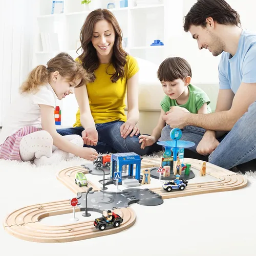 Miniatura 7 de Juego de 59 piezas de tren de madera para niños pequeños, tren de juguete con pista para niños de 3 a 6 años, set de juego de lujo de doble pista