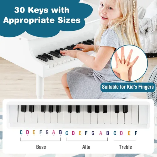 Miniatura 5 de HONEY JOY Piano clásico para niños, mini piano de cola de 30 teclas con soporte de música y banco, juguete de instrumento musical de madera con tapa