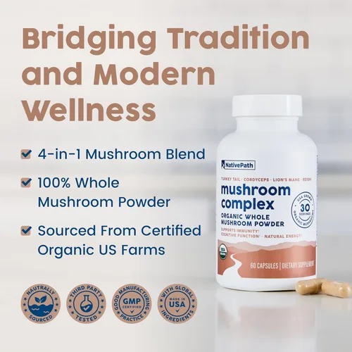 Miniatura 3 de NativePath Complejo orgánico de hongos 1375 mg - Melena de león, cola de pavo, Cordyceps y Reishi - Hongos enteros, USDA orgánico, cultivado en EE.