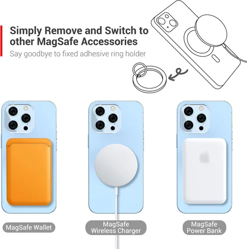 Miniatura 5 de PROfezzion Soporte de anillo de metal fino para MagSafe, agarre magnético extraíble y fuerte para iPhone 17, 16, 15, 14, 13, 12 Pro Max, con funda