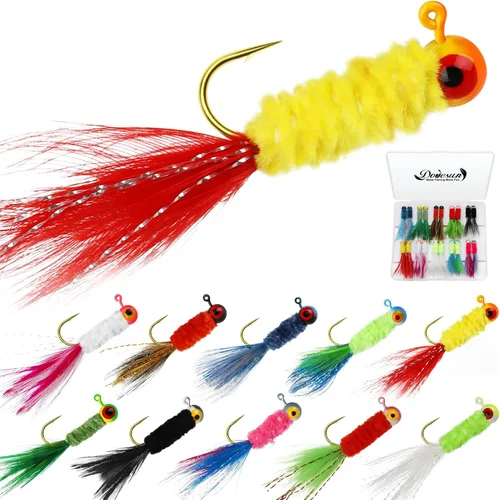 Miniatura 8 de Dovesun Jigs de Crappie, cabezas de jig con plumas atadas a mano Jigs de Marabou Ice Señuelos de pesca con mosca 10 colores 1/32 oz 1/16 oz 1/8 oz