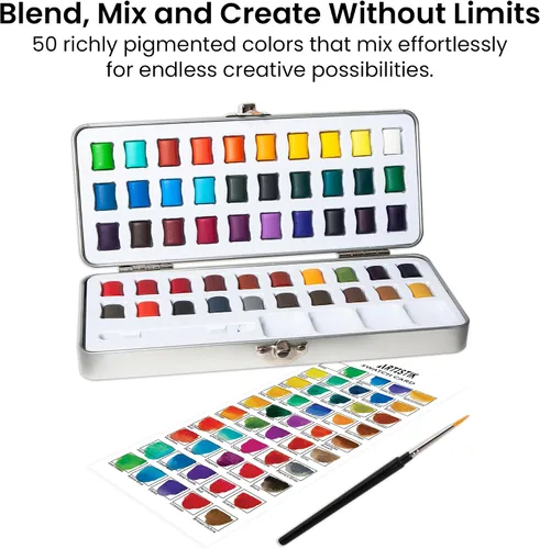 Miniatura 3 de ARTISTIK Juego de pintura de acuarela con pincel, 50 colores en media paleta y lata de metal portátil, juego de acuarela vívida premium