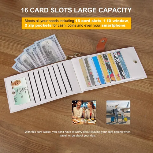 Miniatura 3 de Travelambo Billetera para mujer con bloqueo RFID plegable para múltiples tarjetas con bolsillo con cremallera, Beige y rojo marrón, Billetera