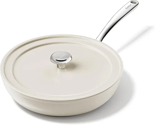 Sartén de cerámica Redchef con tapa, sartén profunda de 11" de 3.5QT de tamaño grande, sartén antiadherente con asa de enfriamiento constante, Beige