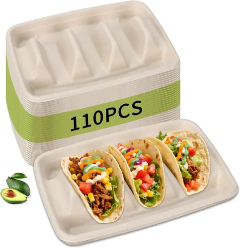 Paquete de 110 soportes desechables para tacos, platos de tacos desechables con 3 divisores para decoraciones de martes de tacos y juego de servir
