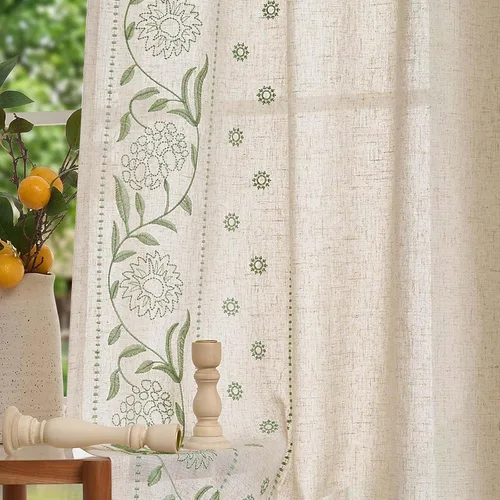 Lazzzy Cortinas de lino para sala de estar, dormitorio, 63 pulgadas de largo, cortinas bordadas florales con bolsillo para cortinero, cortinas con