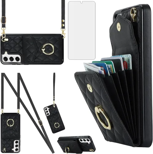 Asuwish Funda de teléfono para Samsung Galaxy S22 Plus S22+ 5G Funda tipo cartera con protector de pantalla de vidrio templado y correa para la