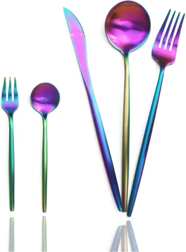 JASHII Juego de cubiertos de 20 piezas, juego de cubiertos de acero inoxidable para 4 vajillas multicolor, incluye cuchillo, tenedor, cuchara, Arco