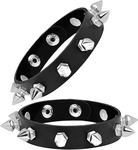 Miniatura 11 de Manfnee Pulsera de cuero punk, pulsera trenzada con remaches para hombres y mujeres, ajustable