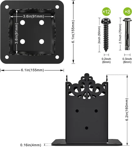 Miniatura 4 de Insaga Base de poste de 4 x 4, tamaño interior de 3.6 x 3.6 pulgadas, base de anclaje de poste de madera resistente para kit de valla de pérgola