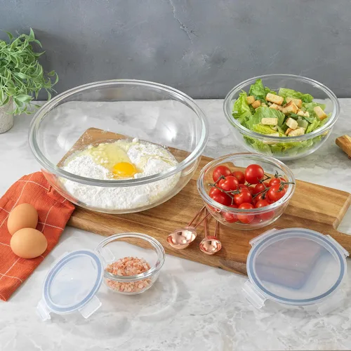 Miniatura 7 de JoyJolt Tazones para mezclar de cocina. Juego de 5 cuencos de vidrio con tapas, cuencos de anidación ordenados. Juego de tazones grandes