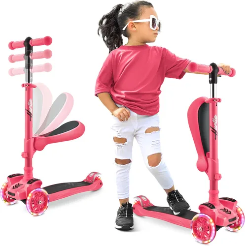 Hurtle Patinete de 3 ruedas para niños, luces LED de ruedas, manubrio ajustable de inclinación para dirigir y asiento plegable, paseo sentado o de