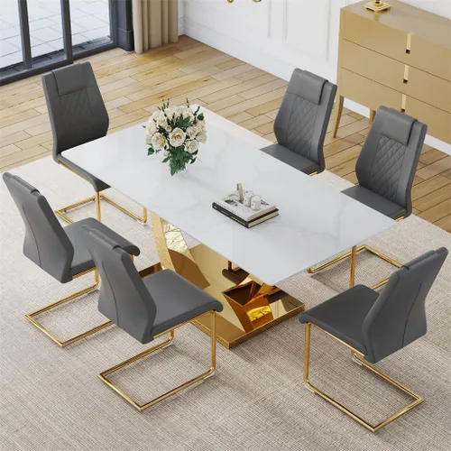 Miniatura 11 de Juego de mesa de comedor para 4, mesa de comedor de mármol sintético de 63 pulgadas con patas y base de acero inoxidable, sillas acolchadas