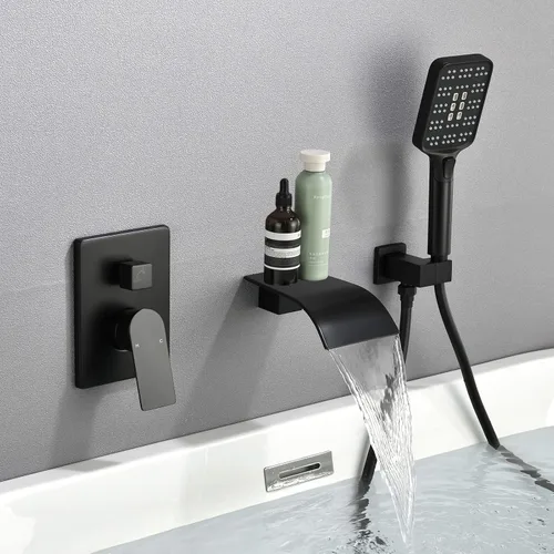 Juego de grifos de bañera con rociador de mano con kit de moldura de válvula áspera, grifos de bañera de montaje en pared, color negro mate