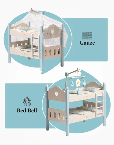 Miniatura 6 de ROBUD Cuna para Muñeca Bebé, Camas de Madera para Muñecas de 20 Pulgadas, Literas Azules para Muñeca Bebé con Tul, Cama para Muñeca American Girl