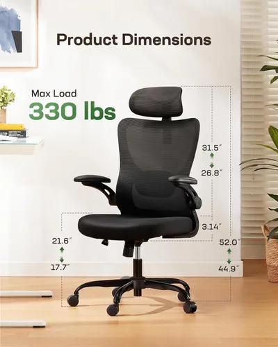 Miniatura 2 de Marsail - Silla ergonómica de oficina - Silla de escritorio con respaldo alto de malla y soporte lumbar ajustable, silla giratoria con ruedas, Negro