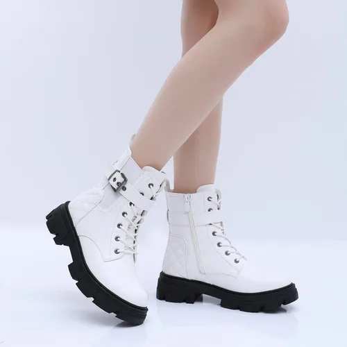 Miniatura 8 de GLOBALWIN Botas de combate para mujer, botines con cordones, cómodas botas de suela de lengüeta para mujer, tacón bajo grueso