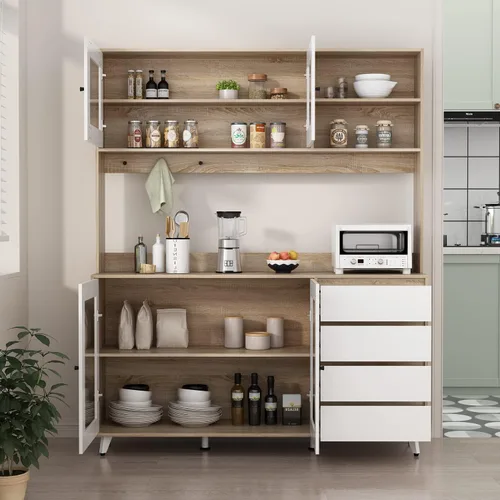 Miniatura 8 de AGOTENI Armario grande de cocina, armario de almacenamiento con 3 puertas de metal, 3 cajones y estante para microondas, para almacenamiento abierto