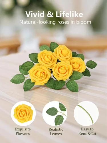 Miniatura 27 de N&T NIETING Flores artificiales, rosas artificiales de color rosa intenso, 50 piezas de flores falsas con tallo para ramos de boda DIY, centros