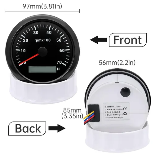 Miniatura 3 de ARTILAURA Tacómetro para Barco Marino 7000 RPM Medidor de 85 mm 3-3/8" 7 Colores para Coche AUTO Camión 9-32V (Negro)