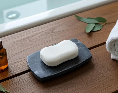 KLEO Jabonera de piedra natural o accesorios de baño para bañera o lavabo (negro con líneas naturales)