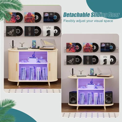 Miniatura 6 de Soporte para tocadiscos, gabinete de almacenamiento de discos de 39 pulgadas con estación de carga y puertos USB, soporte para tocadiscos