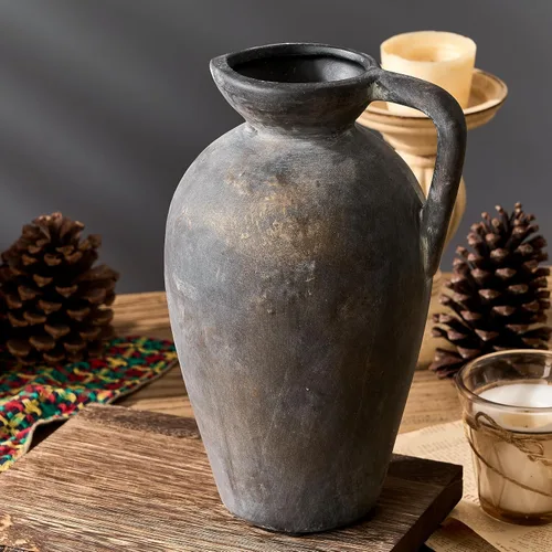 PORCER Jarrón de cerámica rústico antiguo, jarrón grande de terracota de 9.3 pulgadas de alto con asa, jarrón de cerámica vintage estilo granja para
