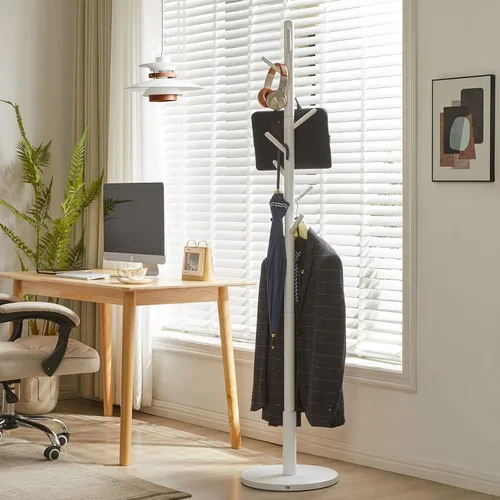 Miniatura 5 de Aibiju Perchero de pie para abrigos Blanco con 8 ganchos y 3 opciones de altura, árbol para abrigos de madera para niños con base redonda