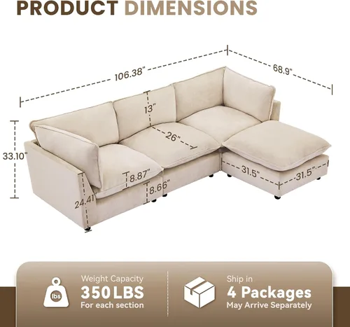 Miniatura 2 de Iroomy Oversized Modular Sectional Sofa, Chenille Cloud Couch, Deep Comfy Seat, 4-Seater Sofas, Couches, Living Room, Beige