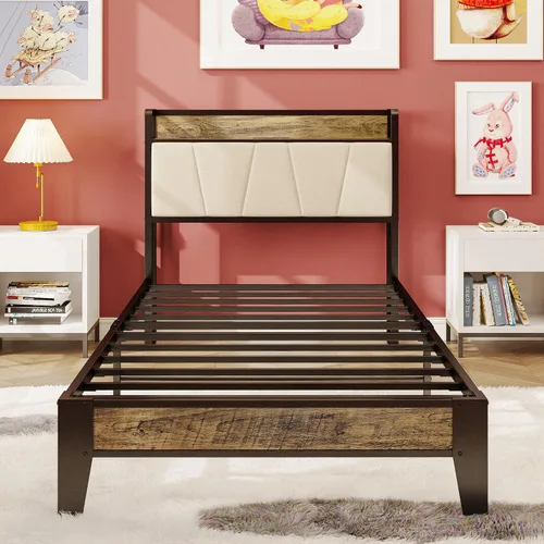 Miniatura 93 de LIKIMIO Base de cama Queen, cabecera de almacenamiento con estación de carga, sólida y estable, sin ruido, no necesita somier, fácil montaje Vintage
