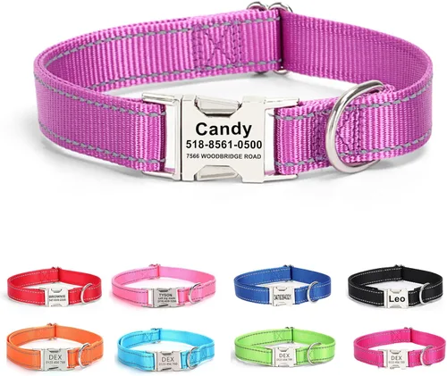 Miniatura 12 de Collar de perro personalizado con etiqueta de nombre, collar de nailon reflectante para mascotas, collares de perro con hebilla grabada Rosa