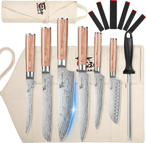 SYOKAMI Juego de cuchillos de chef de 14 piezas con bolsa enrollable, juego de cuchillos japoneses profesionales de acero inoxidable con mango de