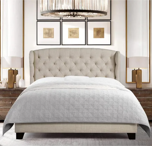 Rosevera Josie Wingback - Base de cama con cabecera capitoné de altura ajustable, marco de cama tapizado de tela, soporte de listones de madera,