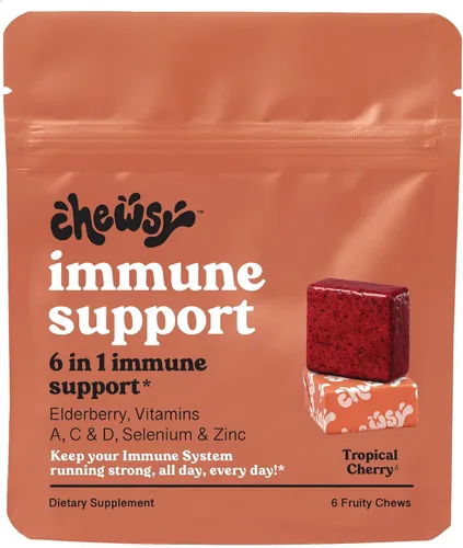 Chewsy - Masticables afrutados de apoyo inmunológico 6 en 1 con saúco - Vitamina C, A y D, zinc y selenio - Envueltos individualmente - Suministro