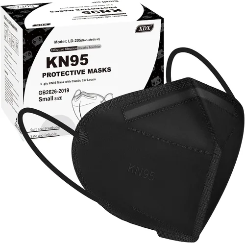 XDX Mascarillas KN95 para niños, paquete de 50 mascarillas desechables negras envueltas individualmente, mascarillas KN95 de 5 capas para niños,