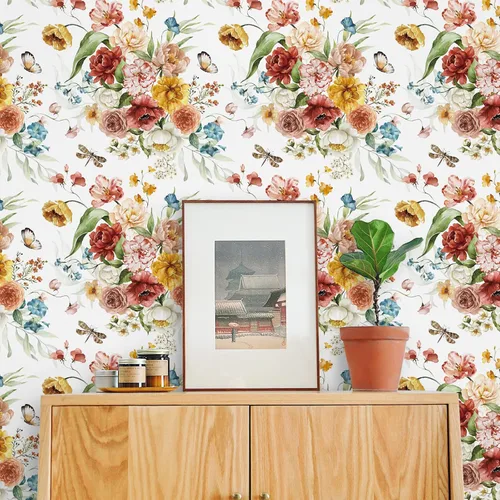 Miniatura 5 de VaryPaper Papel tapiz vintage de peonía floral para despegar y pegar de 17.7 x 315 pulgadas, papel tapiz de mariposa de petunia, papel de contacto