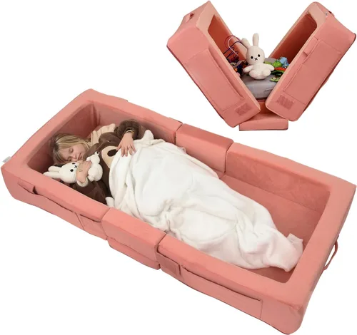 Miniatura 7 de ENITYA Cama de viaje para niños pequeños, portátil, plegable, de espuma suave, sin montaje, funda lavable, rieles de seguridad integrados, compacta
