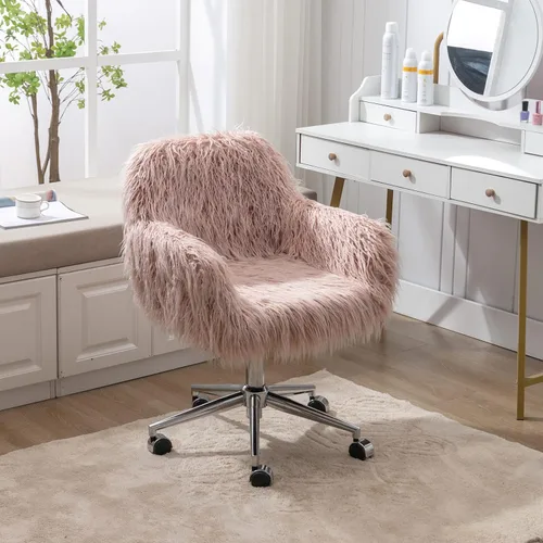Silla de escritorio de piel sintética rosa, lindo asiento acolchado tapizado, decoración de tocador, silla de oficina giratoria de altura ajustable