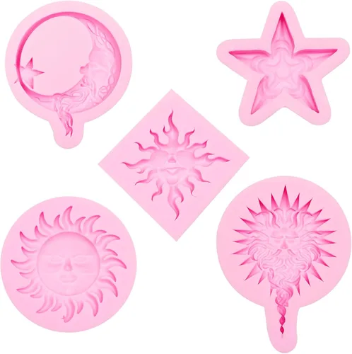 Miniatura 9 de Juego de moldes de silicona, formas de estrella de sol y luna, rosa, moldes para hornear dulces de chocolate, 5 piezas con temática celestial