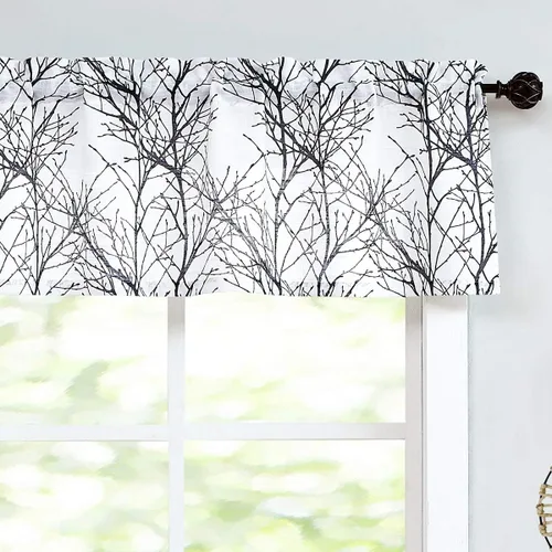 FMFUNCTEX Cortinas de cenefa de ventana con estampado de ramas de árbol negro, cenefa corta semitransparente blanca para cocina, baño, bolsillo para