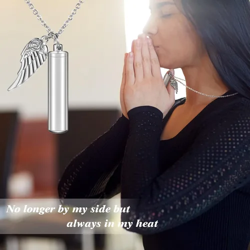 Miniatura 5 de Collar de urna para cenizas, joyería de cremación cilíndrica con dije de ala de ángel, recuerdo conmemorativo, recuerdo para mujeres y hombres
