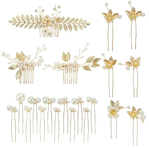 inSowni Paquete de 21 peines laterales para el pelo de boda con hojas doradas y perlas en forma de U, accesorios para novias, damas de honor,