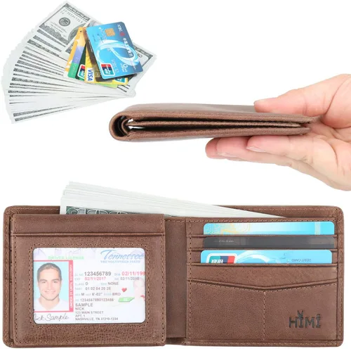 Miniatura 44 de HIMI - Cartera elegante de cuero auténtico para hombre, con bloqueo de interferencia de radiofrecuencia (RFID), con 2 ventanas para identificación