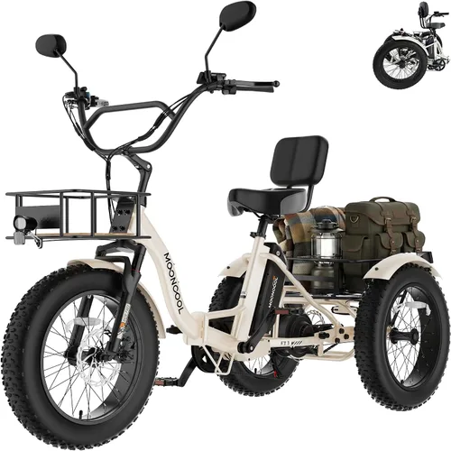 Miniatura 16 de MOONCOOL Triciclo eléctrico para adultos, marco de aluminio de neumático grueso de 1000 W, 4 pulgadas, batería de 48 V y 14.5 Ah, frenos de disco
