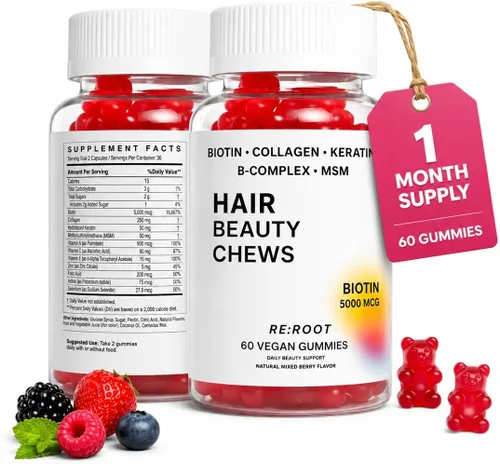 RE:ROOT Gomitas para el crecimiento del cabello, 5,000 mcg de biotina con colágeno, queratina y MSM, soporte para cabello, piel y uñas, 60 gomitas