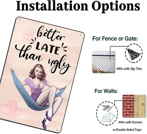 Miniatura 3 de Letrero decorativo de baño Pin Up Girl Metal Tin Sign Better Late Than Ugly Retro Decoración de pared para decoración de baño, dormitorio, vestido