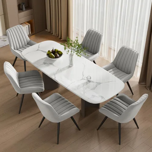 Miniatura 13 de Juego de 4 sillas de comedor modernas de mediados de siglo, tela tapizada con cojín suave, color gris claro Gris claro (tela)