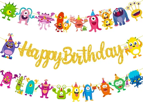 Miniatura 2 de Cartel de monstruo de feliz cumpleaños, suministros de fiesta de cumpleaños con purpurina para niños, tema de monstruo pequeño, baby shower