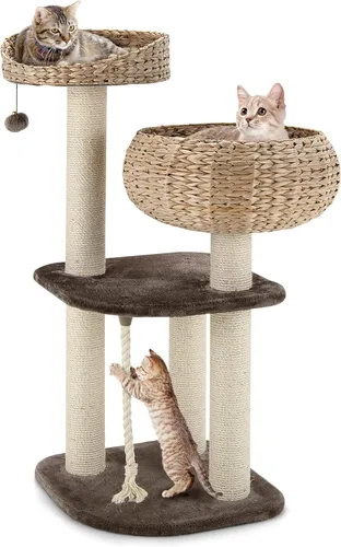 Miniatura 10 de Tangkula Árbol para gatos moderno, torre para gatos pequeña con poste de rascar de sisal natural, condominio para gatos de mimbre hecho a mano